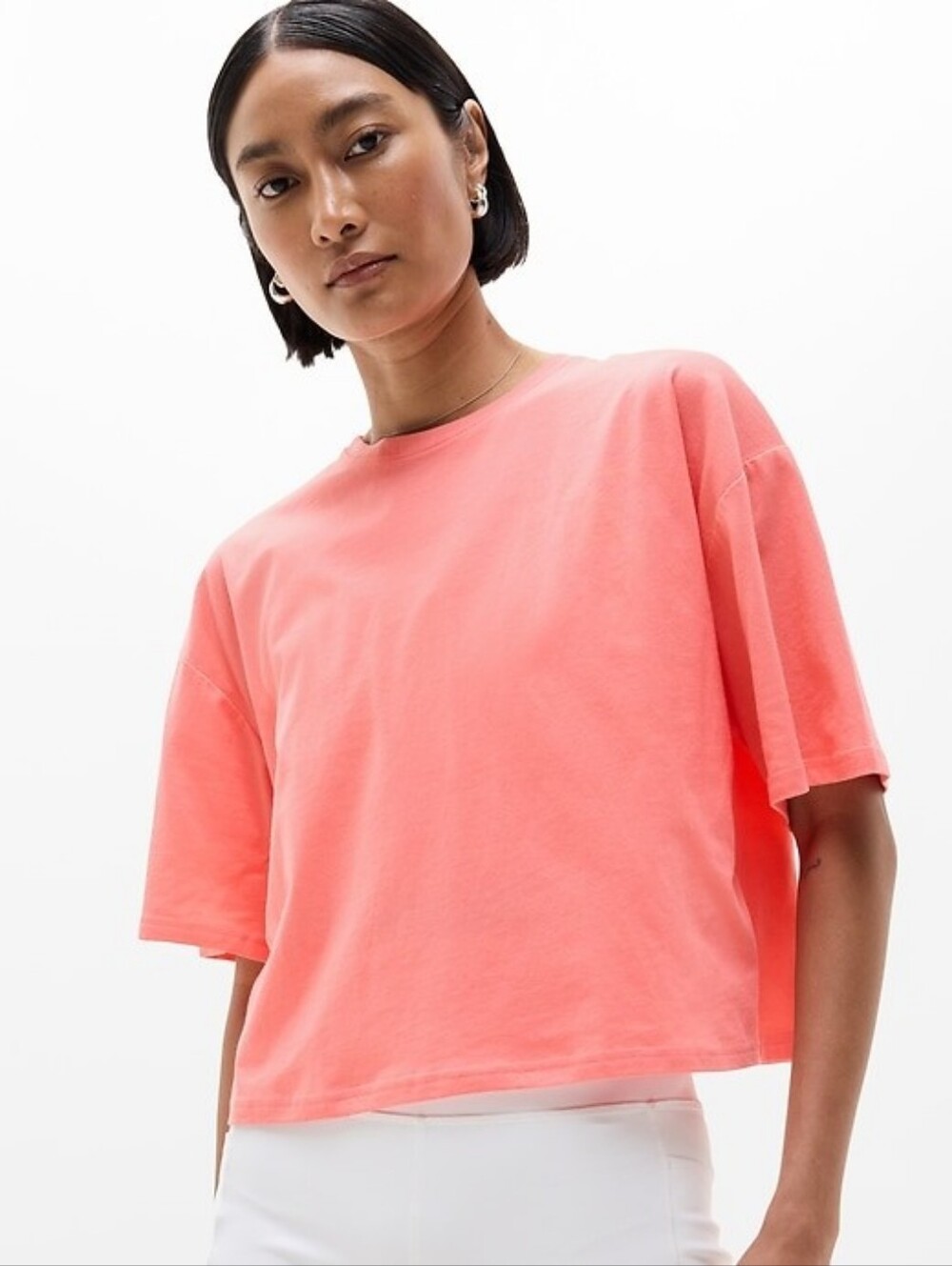 Athleta True Cotton Crop Tee 100% Cotton Boxy T-Shirt Mimosa Pink Sz Small